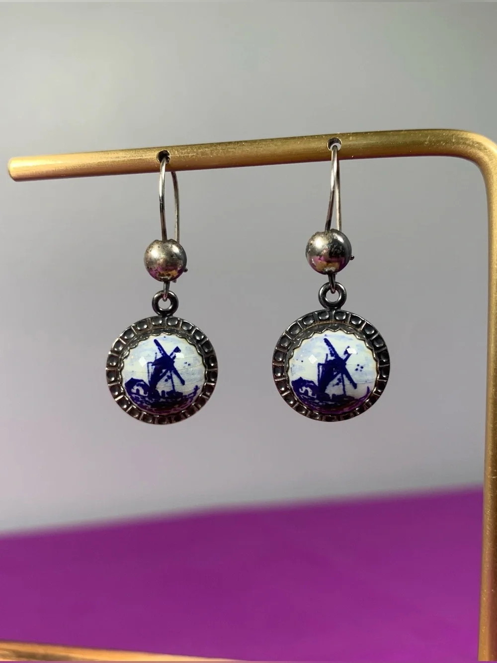 Vintage Hand Painted Delft Windmill Earrings Porcelain Sterling Holland Jewelry